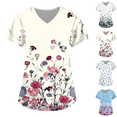 Women's Floral Printing Short Sleeve V-neck Tops Working Uniform Pocket Blouse