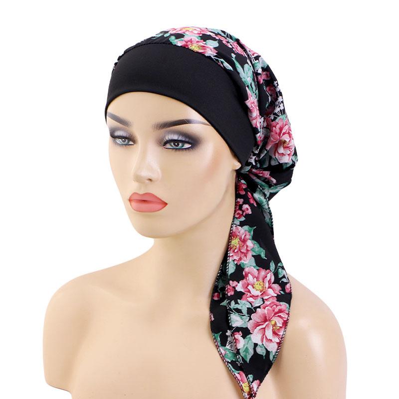Women Pre-Tied Turban Cap Headscarf Muslim Hijab Cancer Chemo Flower Print Hat Cover Hair Loss Head Scarf Wrap Strech Bandana