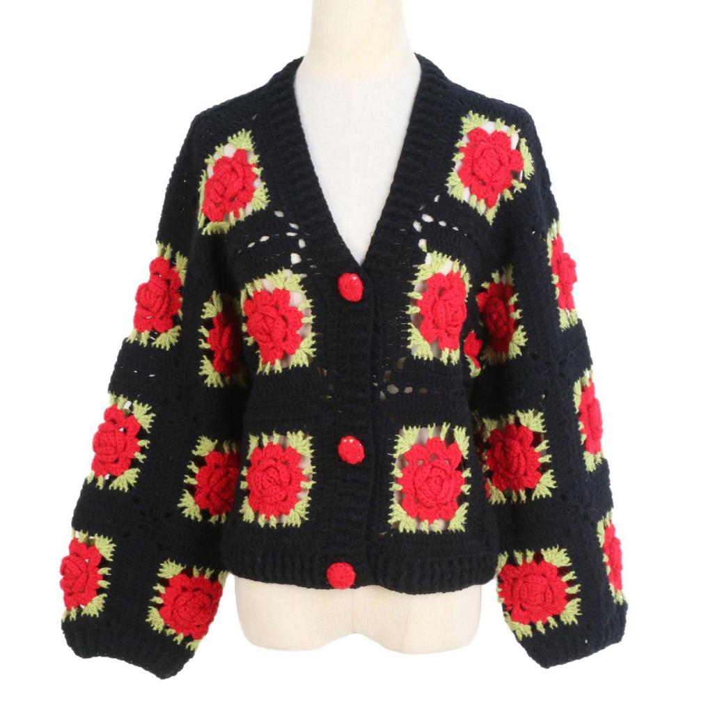 Hand-Crocheted 3D Rose V-Neck Cardigan - Solid Color, Long Sleeve, Openwork Design, Ideal for Spring & Autumn.
