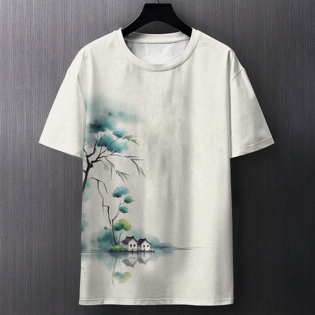 Summer Round Neck 3D Chinese Ink Landscape Print Top Fashionable Casual Short Sleeved Men's T-shirts