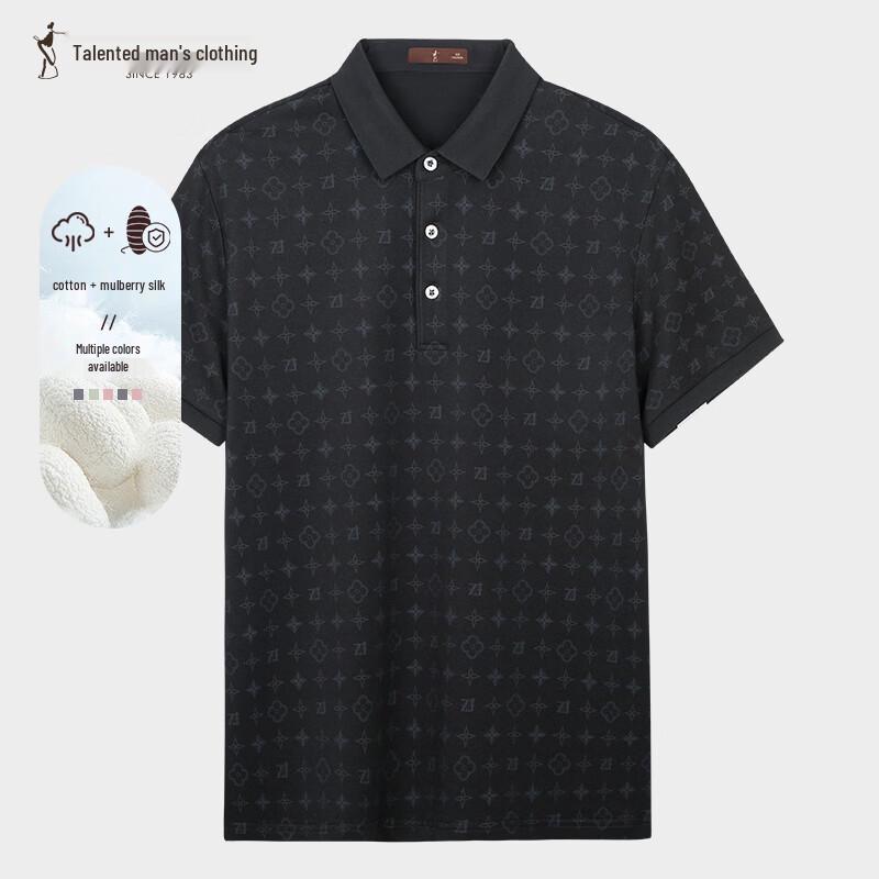 TRIES Men s Short Sleeve Printed Silk Blend Polo Shirt 54