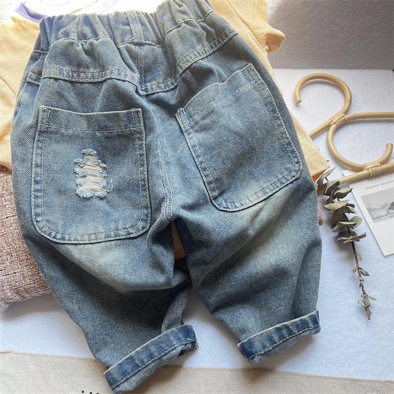 Boys' American High Street Ripped Jeans Children's Trendy Casual Straight Leg Pants Loose Pants