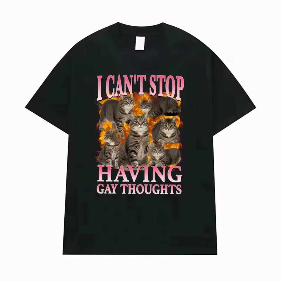 I Can't Stop Having Gay Thoughts Funny Cat Meme Graphic Tee Shirt Men's Women Vintage Casual T Shirt High Quality Cotton T-shirt