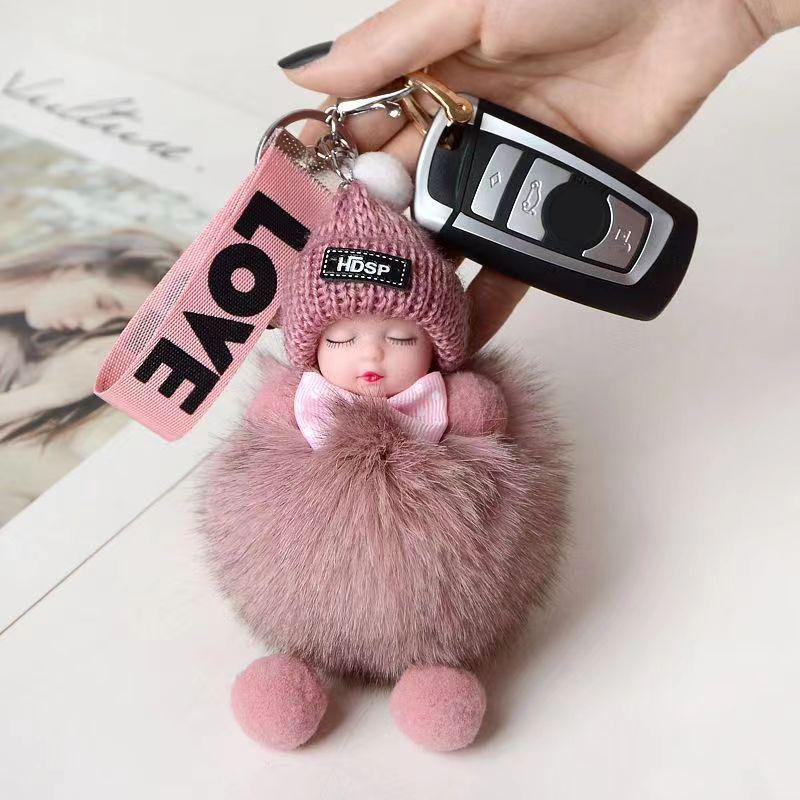 Sleeping Baby Cute Fluffy Plush Doll Keychains Women Girl Bags Pendant Backpack Decoration Gift