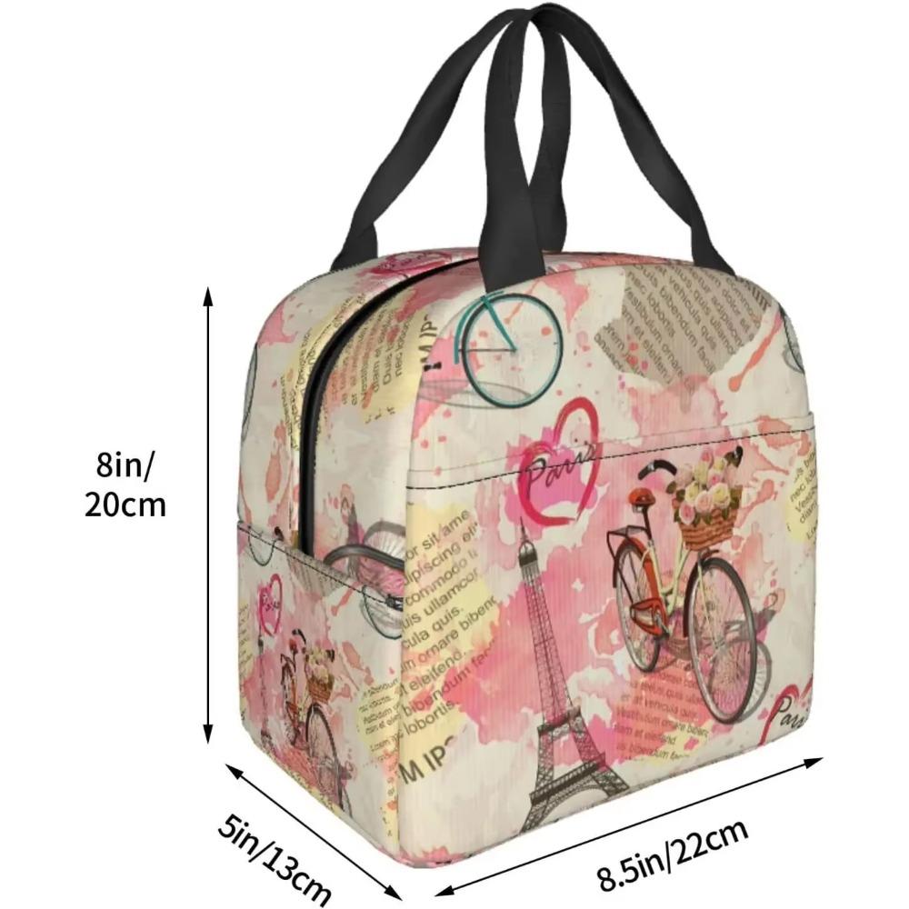Eiffelturm Lunchtaschen Vintage Zeitung Lunchbox-Taschen Fahrrad mit Blumen für Frauen Waschbare Lunchbehälterbox