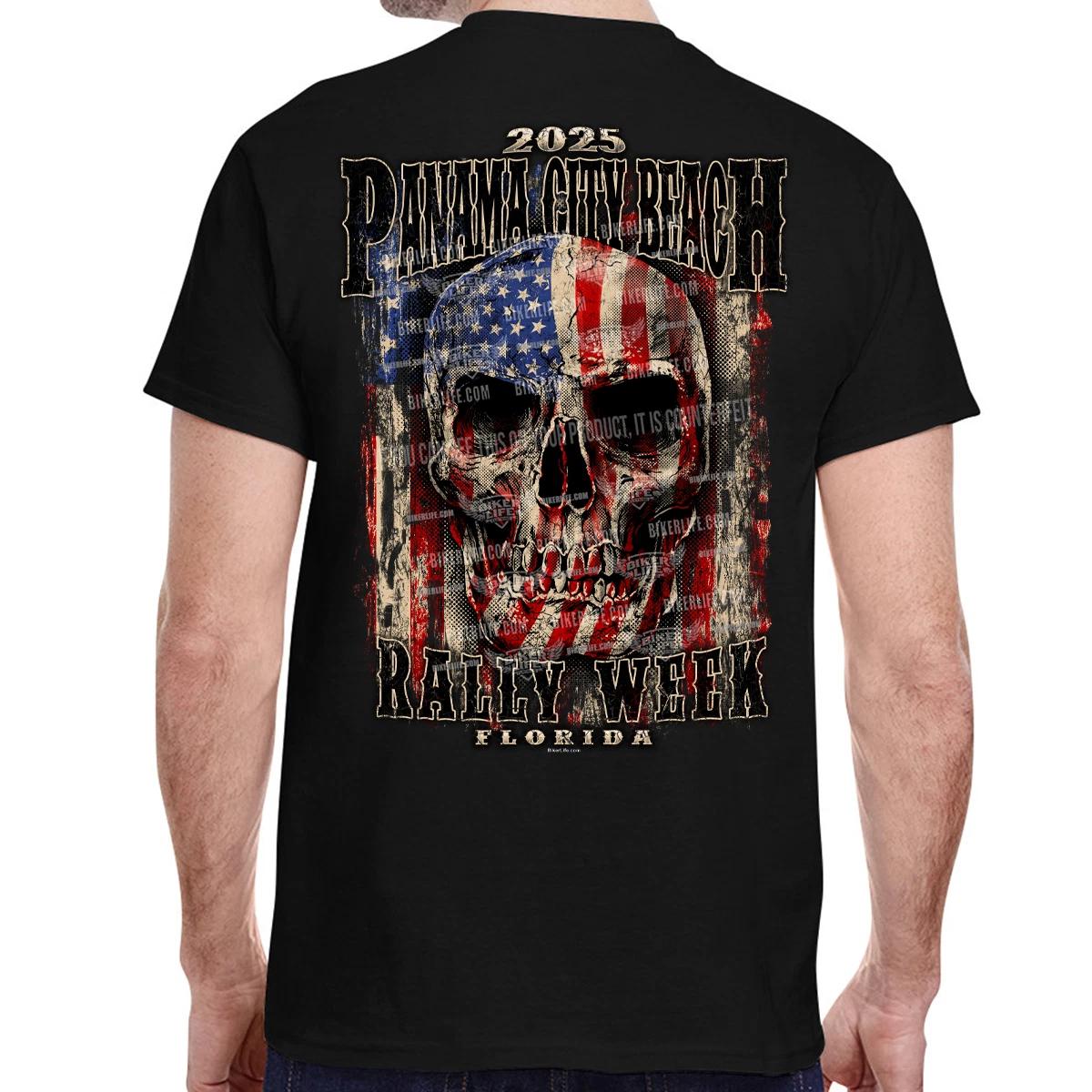 2025 Panama City Beach Rally Week Skull Flag T-Shirt No Harley L