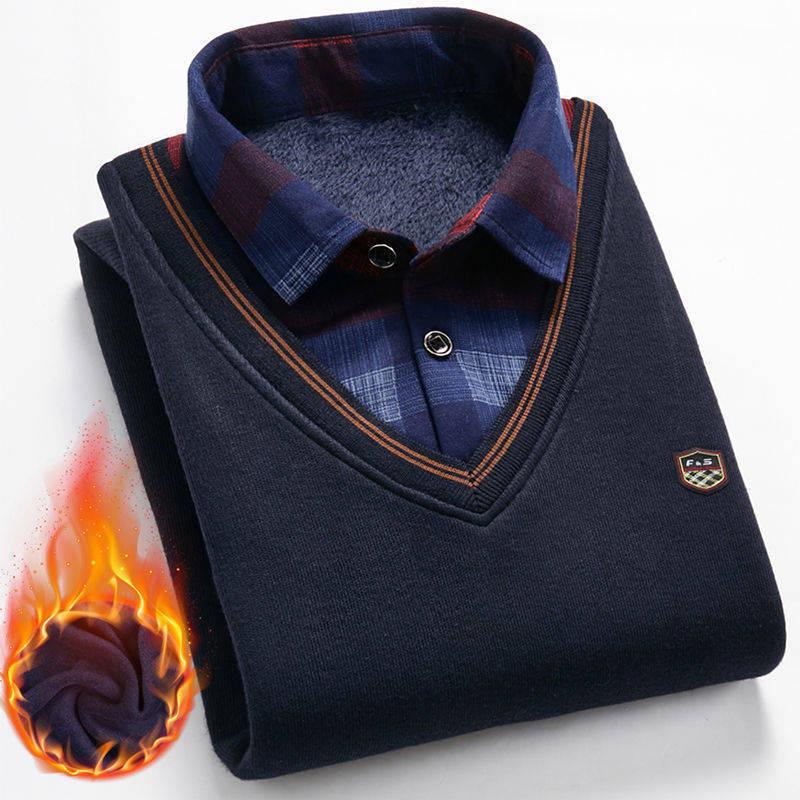 Middle-aged Men's Warm Knitted Sweater - Fake Two-Piece, Plus Velvet, Thick Long Sleeve Winter Outfit for Dad