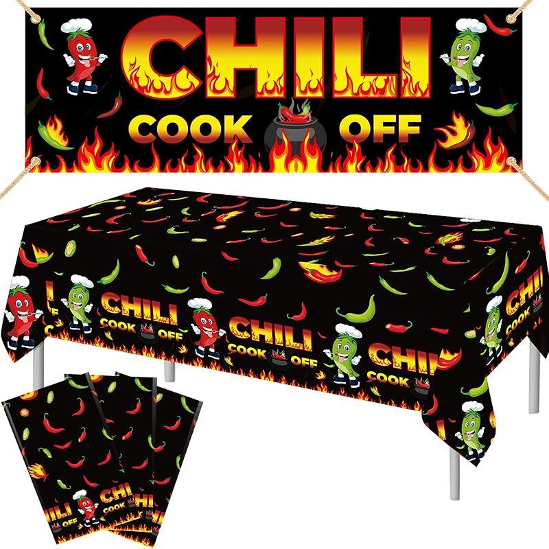 10 Pcs Chili Cook Off Decorations Set Chili Cook Off Banner Chili Pepper Disposable Tablecloth Plastic Table Cover Balloons Fire Balloons Chili