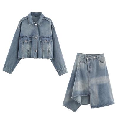 European & American Women’s Denim Short Jacket + High Waist Midi Skirt Set with Double Lapel Design