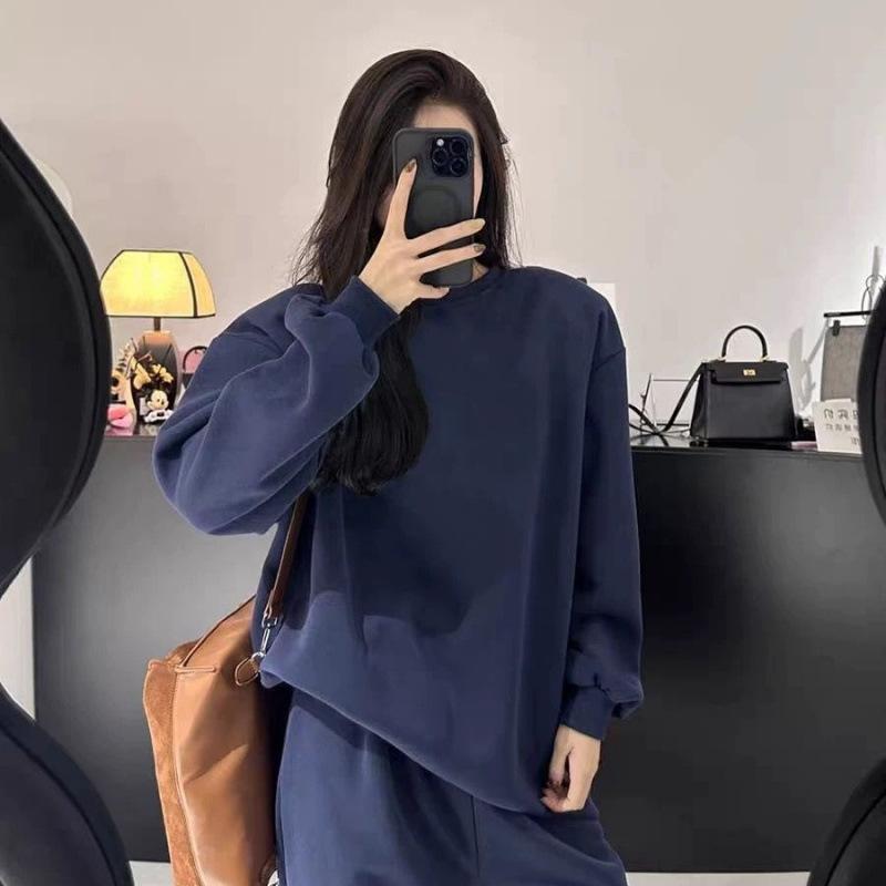 Autumn and Winter Solid Color Versatile Plus Velvet Thickened Sweatshirt Suit for Women Loose Casual Showing Flesh-covering Two-piece Set