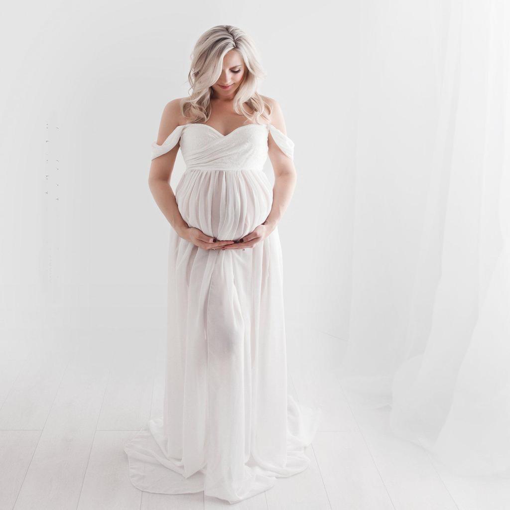 Robe de maternité longue en mousseline épaules dénudées avec fente avant pour séance photo pour femme