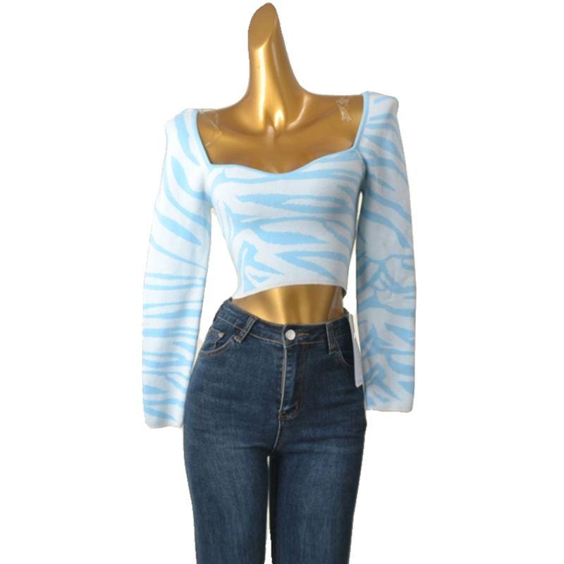 European and American Sexy Peach Collar Knitting Long Sleeves Tops Summer Common Blue and White High Waist Short Open Back Chic Bottoming Shirt