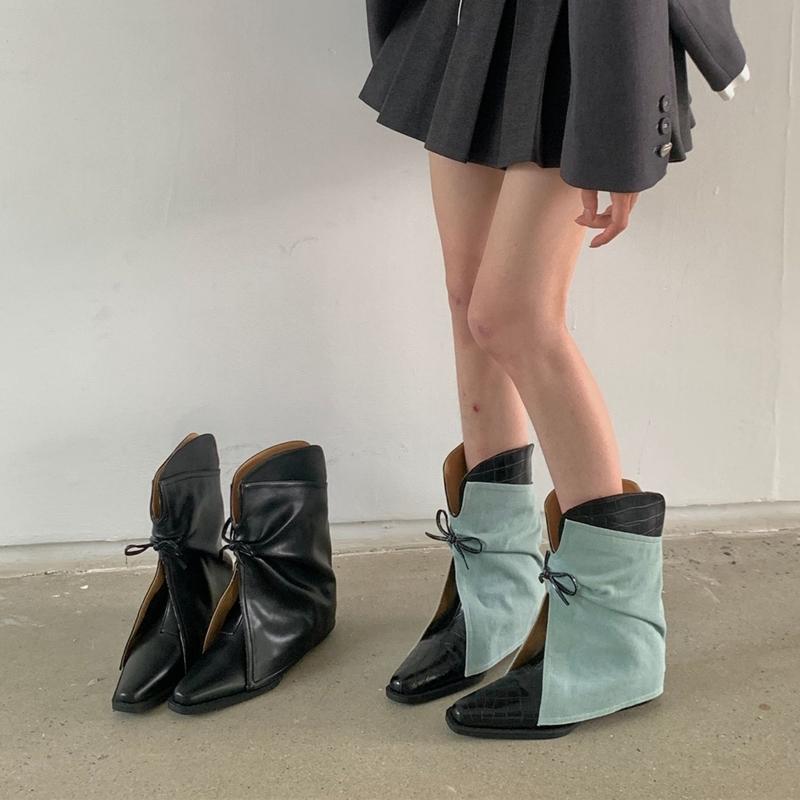 Fashion 2025 New Style Women's Cowboy Boots Pointed Toe Thick Heel Female Short Boots Large Size Bow Trouser Boots for Women