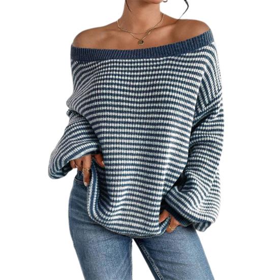 Women Sweater Off Shoulder Oversized Long Sleeve Knit Pullover Top Loose Fit Striped Print Soft Stretchy Knitting Tops