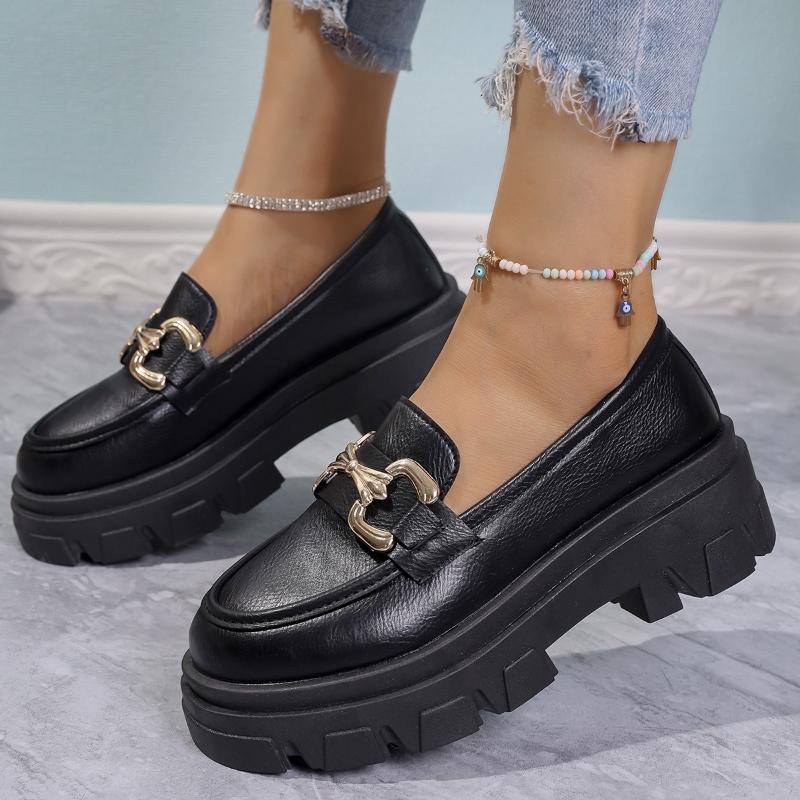 Casual Flats Metal Chain Thick Bottom Loafers Mujer Spring Platform Pu Leather Round Shoes Women Vintage Plus Size Pumps Woman