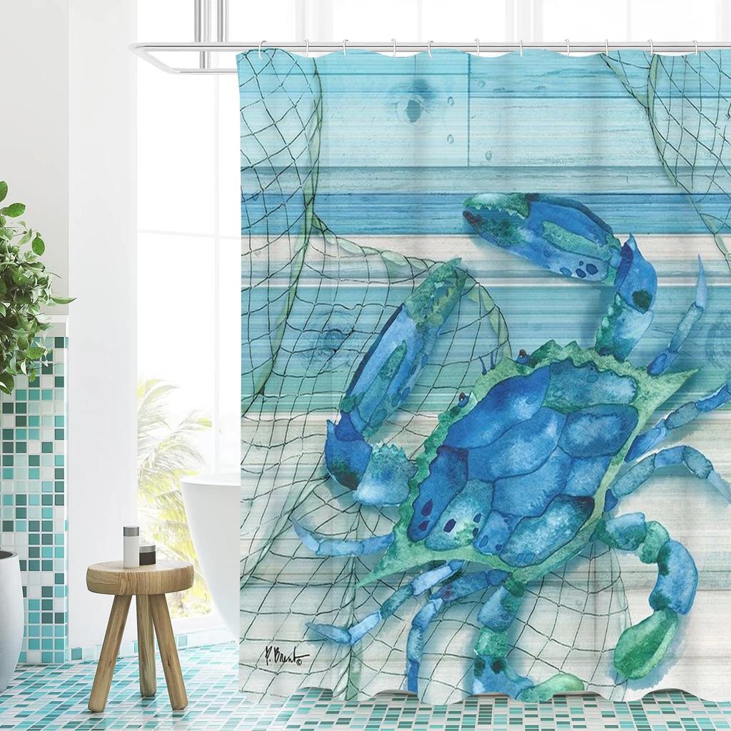 Crab Turtle Fishes Pattern Bathing Curtain  Bathroom Shower Curtain Waterproof With 12 Hooks Home Deco