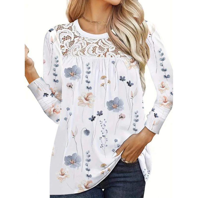 New Women's fashion Tops Neck Lace Printed Long Sleeve Flower Color T-shirt
