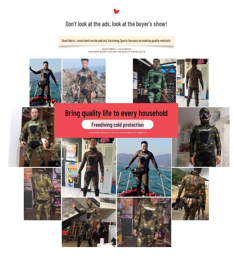 7mm Camouflage Freediving Wetsuit: Warm, Long Sleeve, Two-Piece for Deep Diving