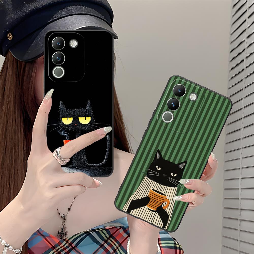 Cute Coffee Cat Matte TPU Mobile Phone Case for VIVO V60 V50 V40 V30 V29 V27 V25 V23 Pro Lite 5G Colorful Printing Cover