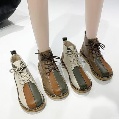 Women Ankle Boots New 2024 Retro Leather Splicing Women's Shoes  Vintage Autumn Lace Up Casual Flat Short Boots Botas De Mujer