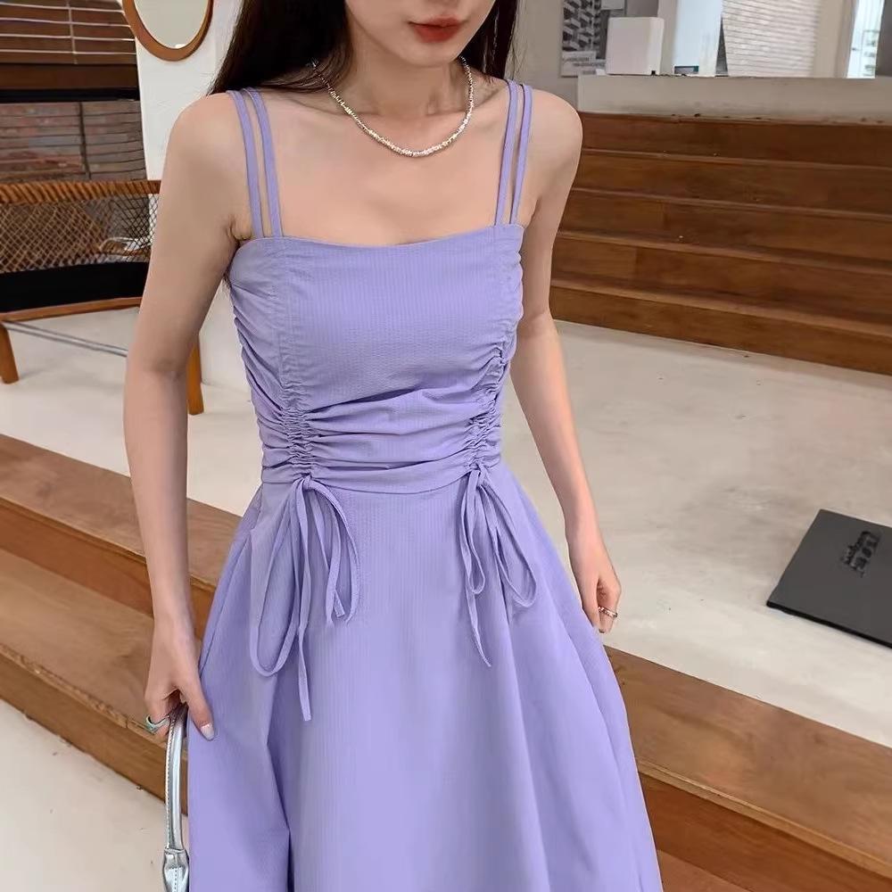 Women's Summer Drawstring Pleated Camisole Dress - Slimming Bodycon Bandeau Design