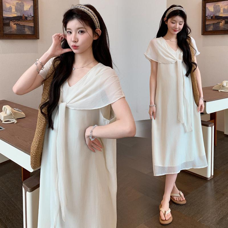 

2026 Summer Elegant French Style V-Neck Short Sleeve Maternity Dress 2XL рожевий