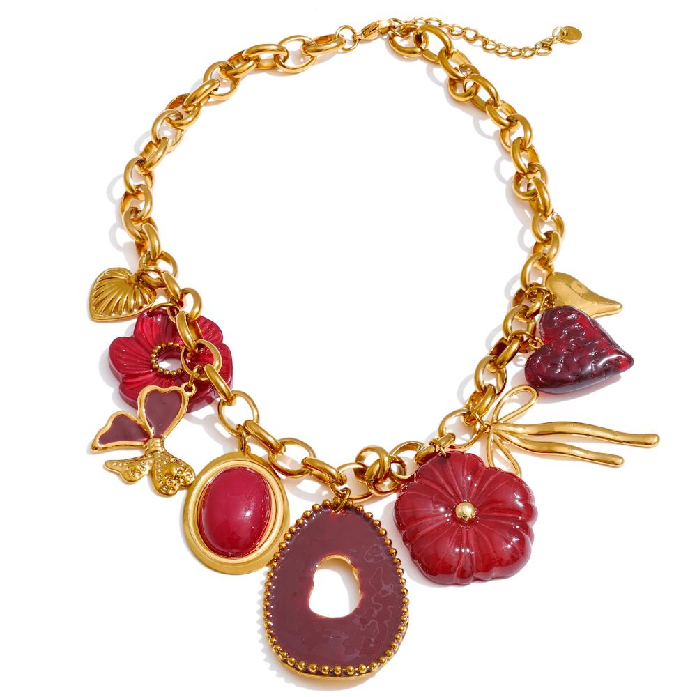 Eetit Red Resin Flower Charm Pendant Necklace 18K Golden PVD Plated Stainless Steel Statement New Arrivals Collar Jewelry 2025