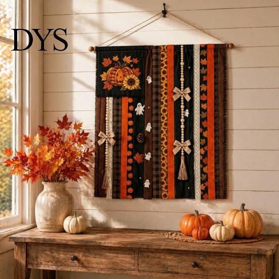 Seasonal Festival Gift Halloween Rag Banner, Orange Black Skull Ghost Pumpkin Hanging Decoration, Rustic Theme Banner Fabric Stripe for Front