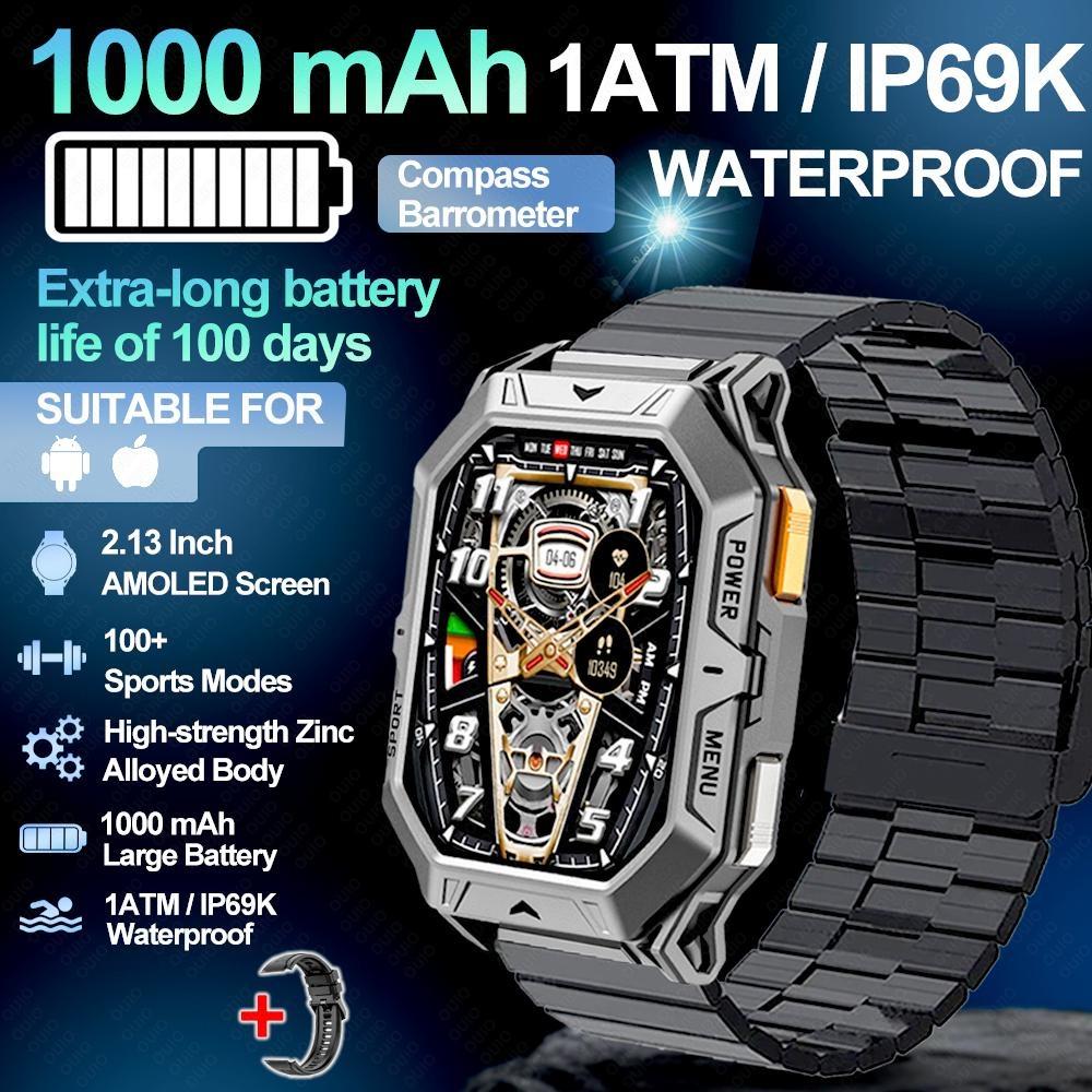 New 1000mAh Battery Smart Watch 2.13-Inch AMOLED Screen Men's Watch Compass 10ATM Waterproof Bluetooth Call Sports Smart Watch