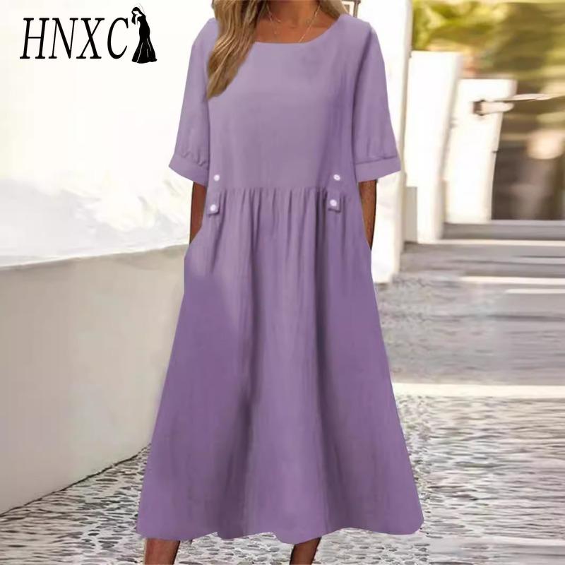

HNXC Женское свободное платье миди с двойными карманами, декором из пуговиц, круглым вырезом и коротким рукавом, летнее бохо-платье в стиле рабочей одежды XXXL фиолетовый