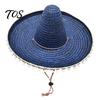 Mexican Straw Hat Sombrero with Colorful Poms, Hawaiian Style Woven Sun Hat, Wide Brim Lightweight Halloween Costume Party for Summer Beach
