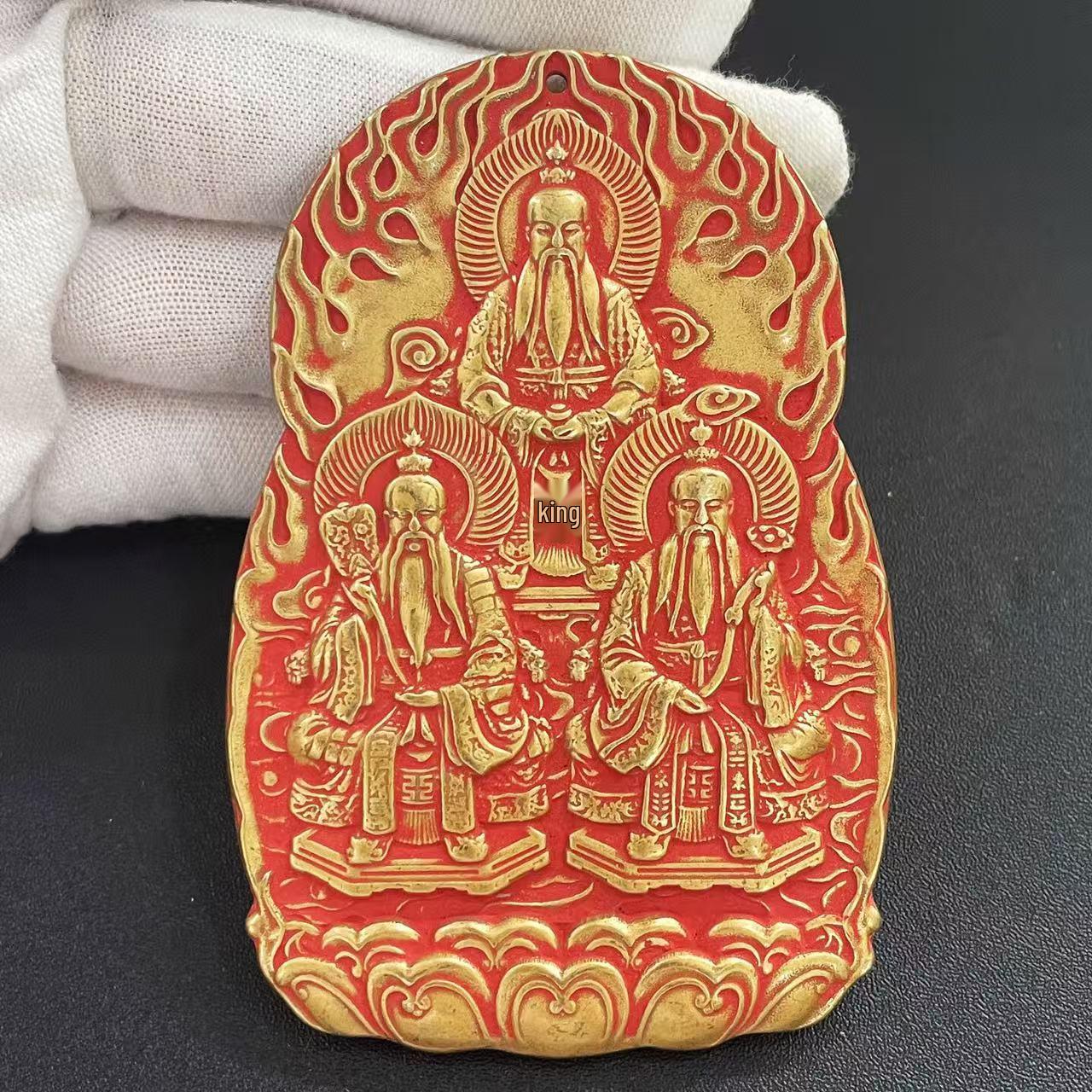 

Brass Cinnabar Pendant of the Three Pure Ones: Yuqing, Shangqing, and Taiqing Tianzun 90x58mm