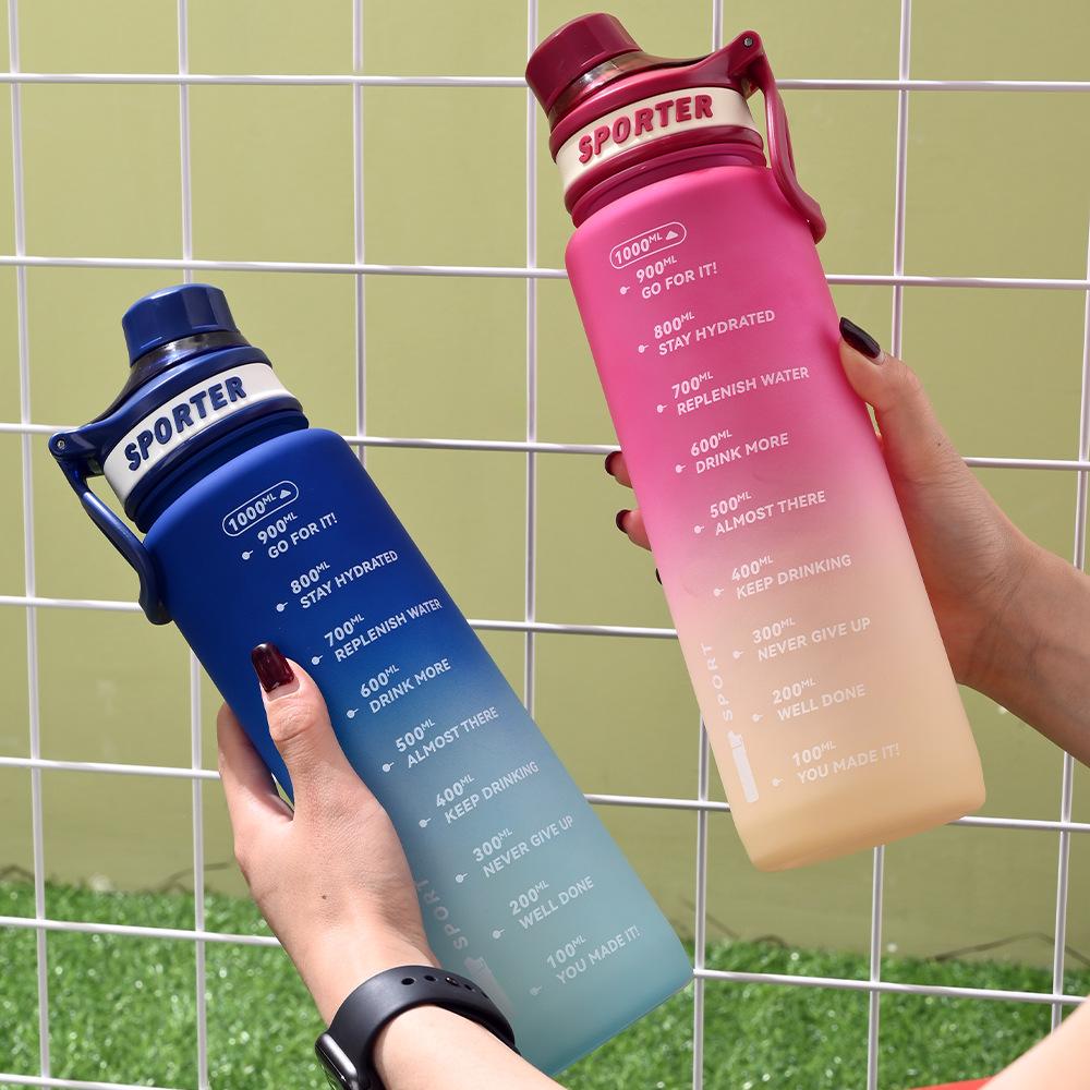 1000ML Large Capacity Sports Water Bottle with Time Marker Outdoor Travel Gym Fitness Jugs Leakproof Plastic Bottles Drinking