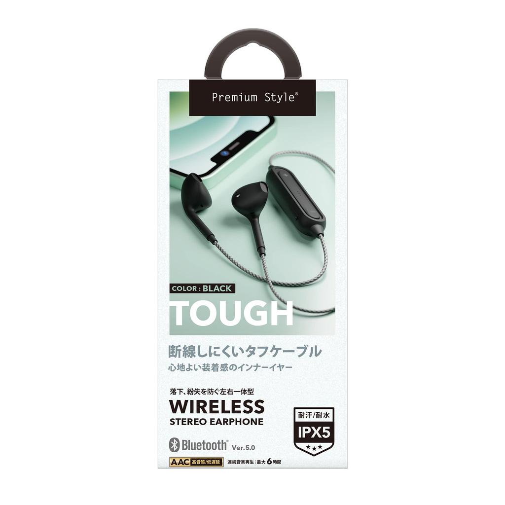 Premium Style Bluetooth Wireless Stereo Earphones with Tough Ear Black 5.0 Cable/Inner Type, (PG-BTE12TC1BK)