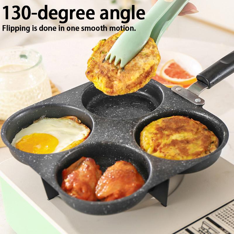 Non Stick 3 4 Hole Egg Frying Pan Wooden Handle Multi Section Skillet for Home Breakfast or Burger Making