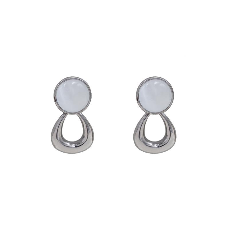 Guochao Retro Inlaid Circle Opal Stud Earrings Geometric Irregular Temperament Girls Versatile Jewelry