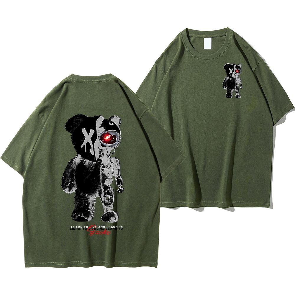 Bomull Halv en teddybjørn, halv en robotbjørn trykt herre-t-skjorte avslappet bomull sommerklær pustende topper løs mote t-skjorte