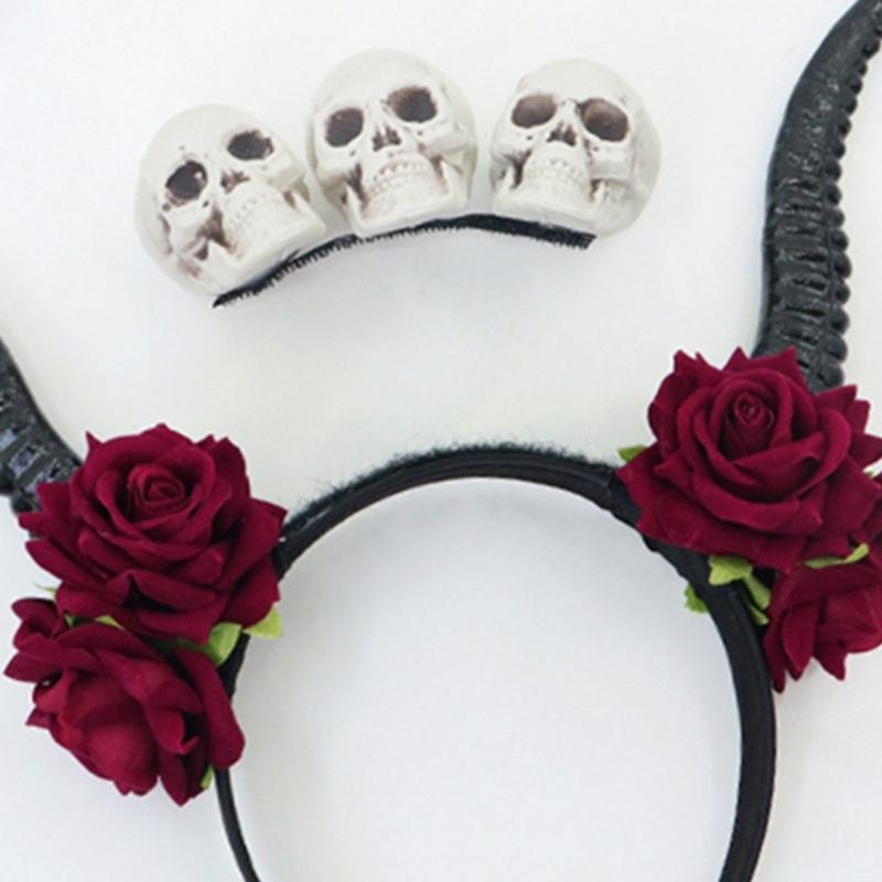 Gothic Lace Rose Devil Horn Headpiece Stylish Hair Hoop Lightweight Photoshoots Props For Halloween Cosplay Event