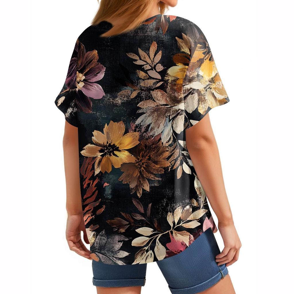 Dámská móda ležérní halenka s potiskem s kulatým výstřihem a krátkým rukávem