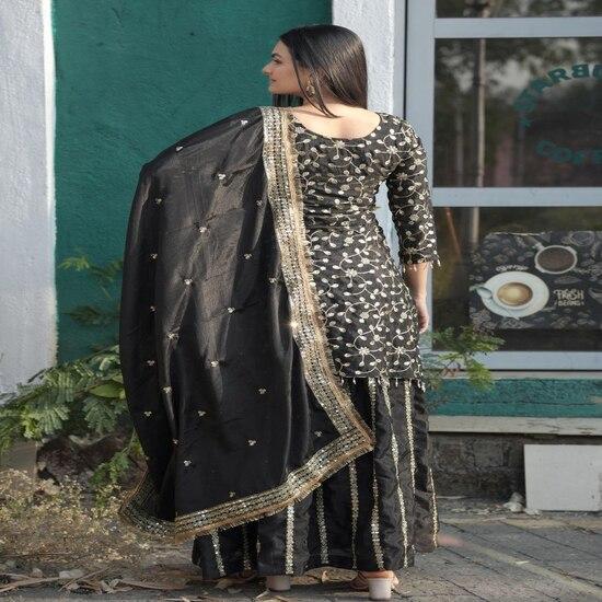 Black & Gold Embroidered Sharara Suit Set