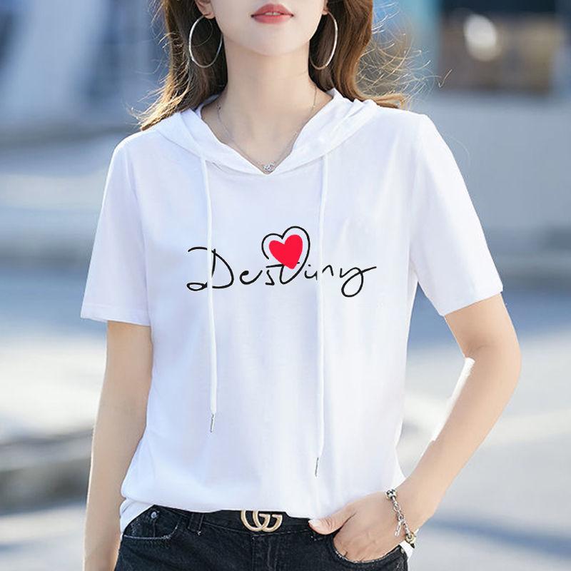 Summer Women's Loose Fit Hooded T-Shirt Korean Style Hooded Sweatshirt