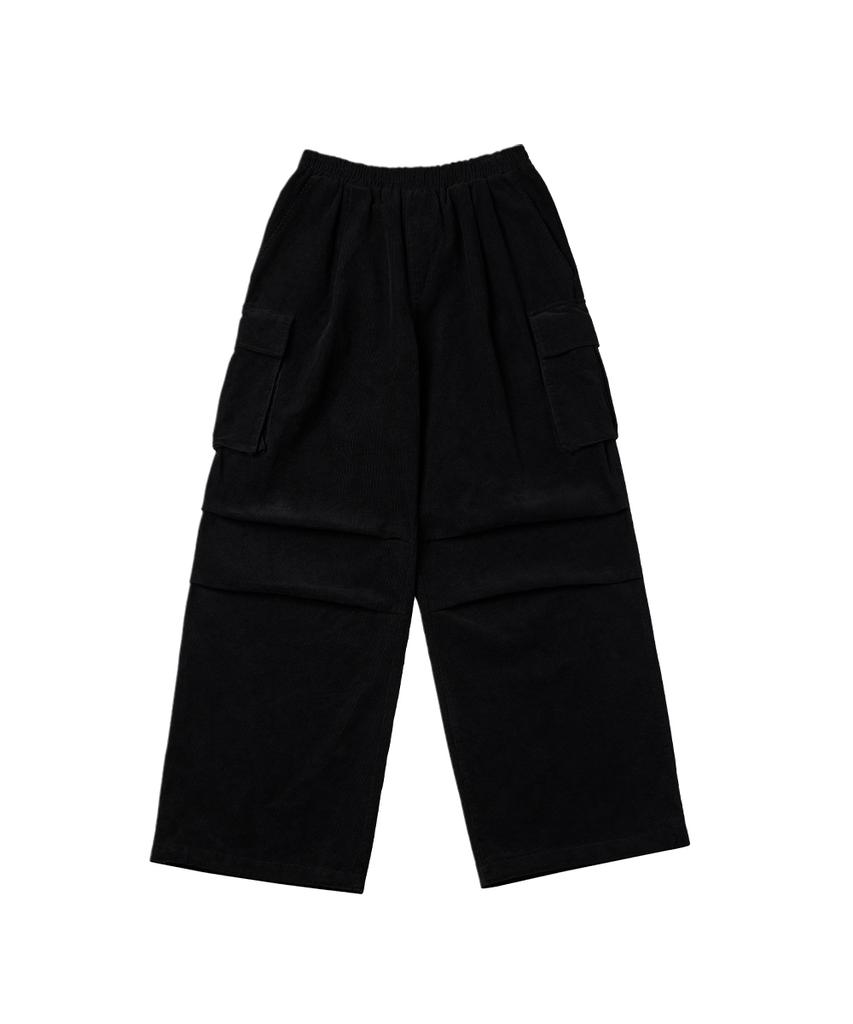URBANAGE Corduroy Single-Pleat Wide Elastic Banding Parachute Cargo Pants_Black