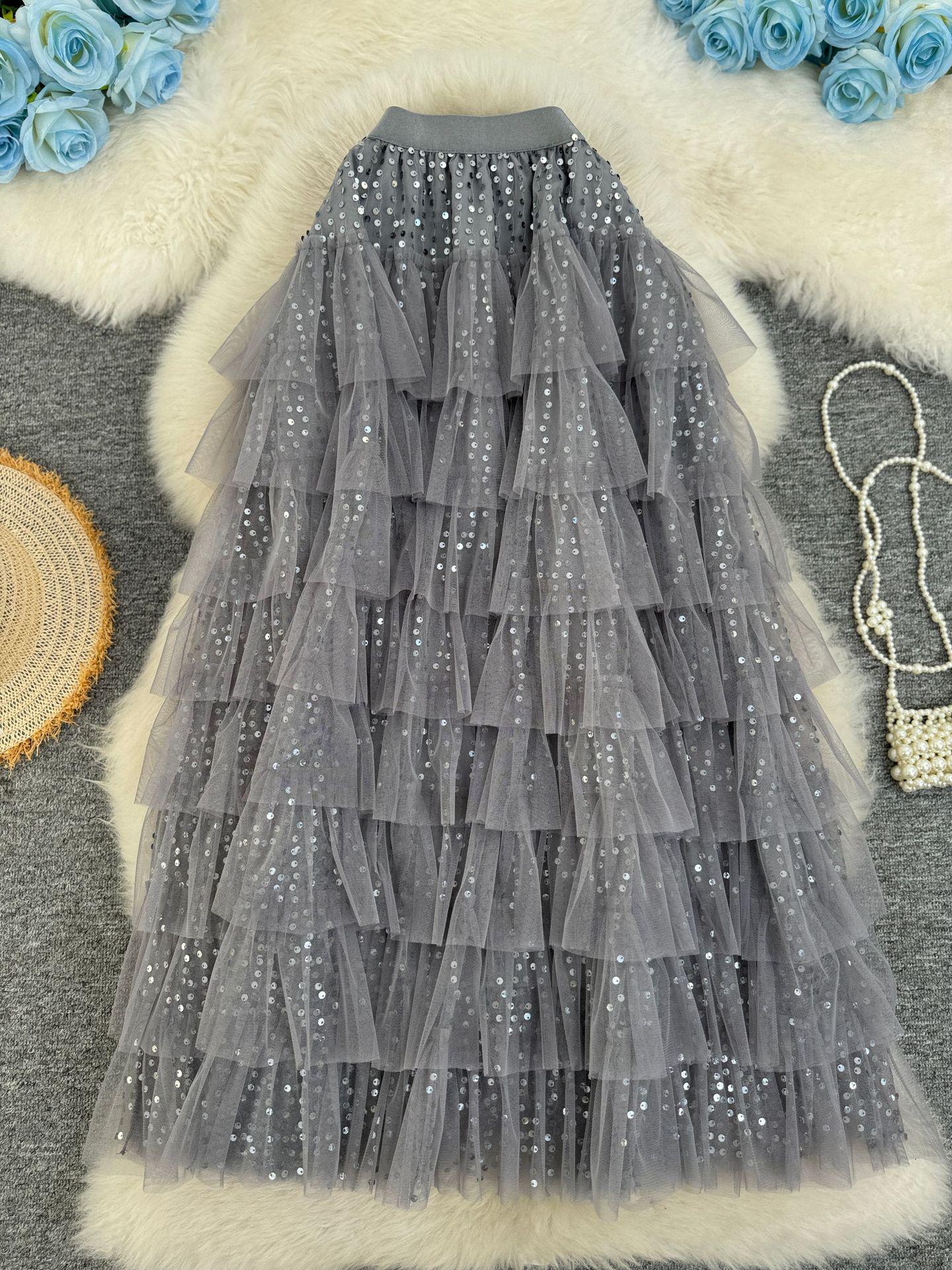 High-Waisted Sequined Layered A-Line Skirt One Size серый/синий