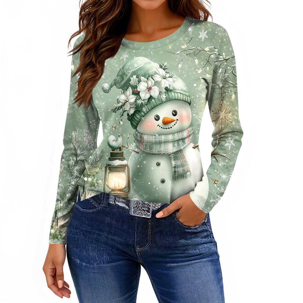 Women's Fashion Casual Slit Hem Round Neck Long Sleeve Loose Printed T-Shirt Ladies Top