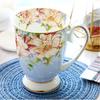 300ml Bone China Coffee Mugs- Blue Pink Elegant Floral Tea Mug with Gold Trim, Large Capacity Ceramic Cup for Coffee Tea and Milk for Home Office