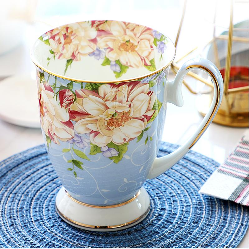 300ml Bone China Coffee Mugs- Blue Pink Elegant Floral Tea Mug with Gold Trim, Large Capacity Ceramic Cup for Coffee Tea and Milk for Home Office