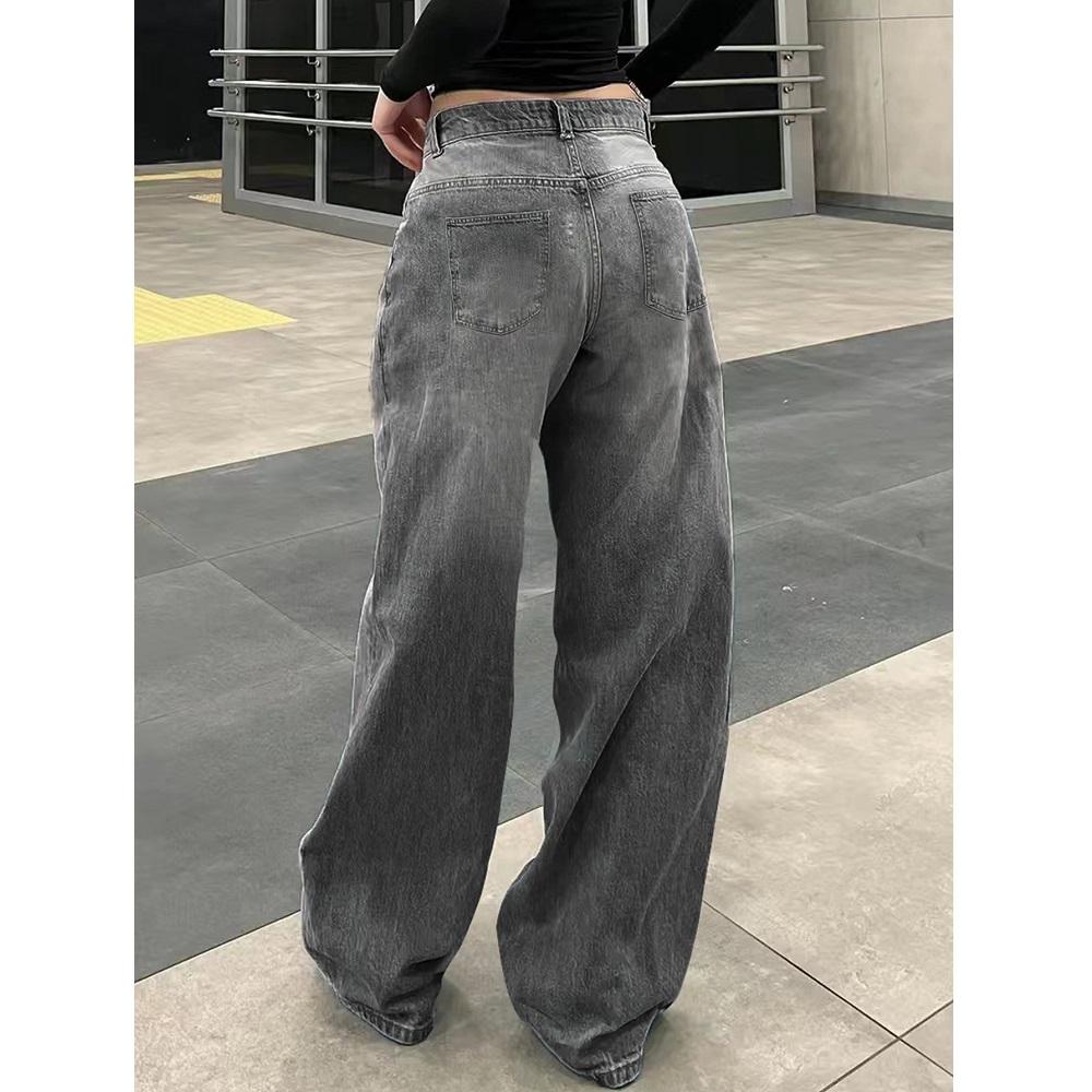 Retro Washed Denim Jeans für Damen Weites Bein Streetwear Baggy Jeans Damen Lässige Lange Hosen