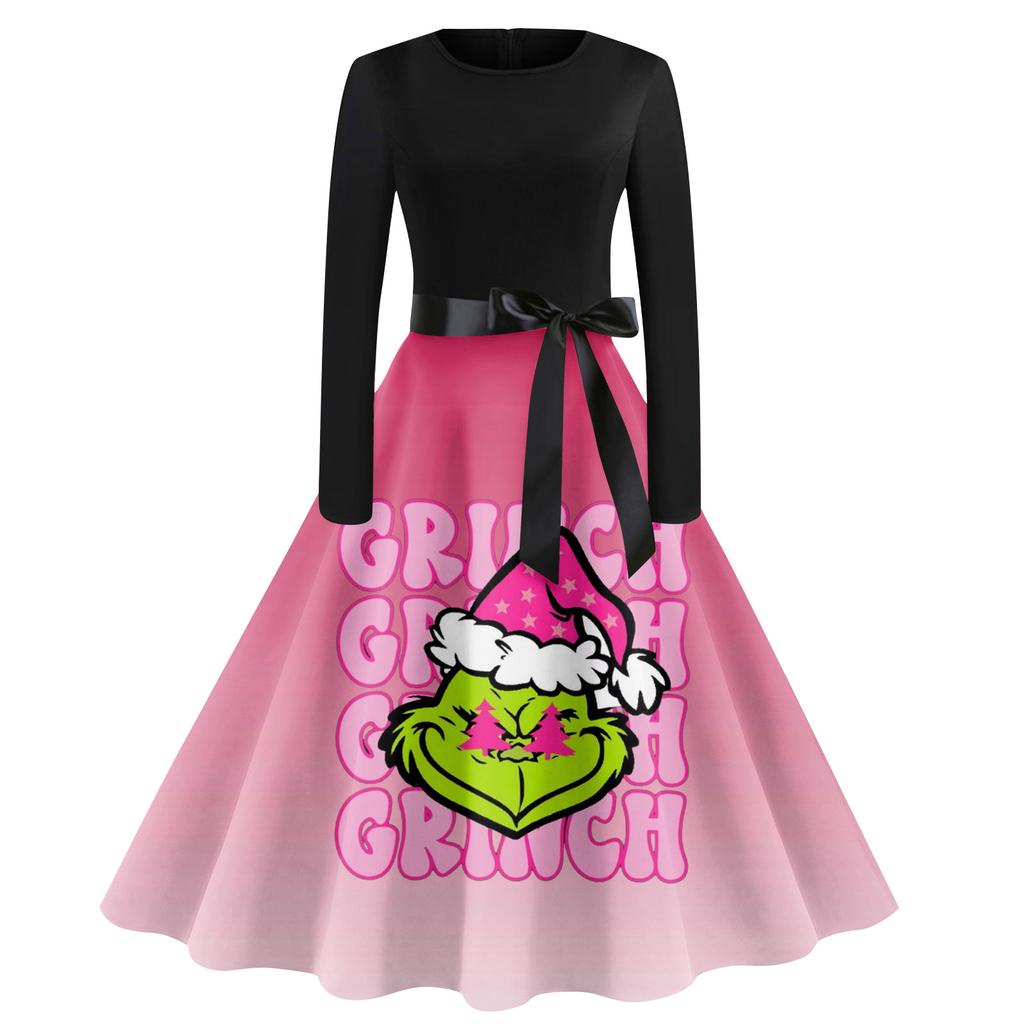 Rochie clasică de damă, cu gât, talie, cu papion, mâneci lungi, cu imprimeu de Crăciun, cu gât rotund