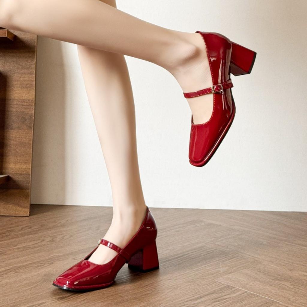 Patent Leather Thick High-heeled, New Women's Hundred with A Word with High-heeled Women's Single Shoes, Women's High-heeled Shoes, Elegant