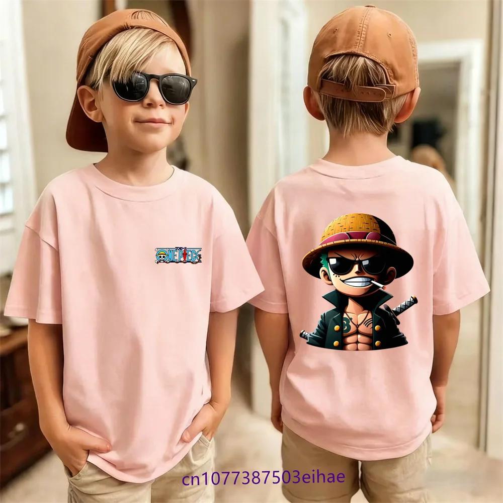 Stylish Kids Boys Luffy TShirt Anime One Piece Cartoon Print Summer Short Sleeve Breathable Lightweight Soft Cotton Daily Wear
